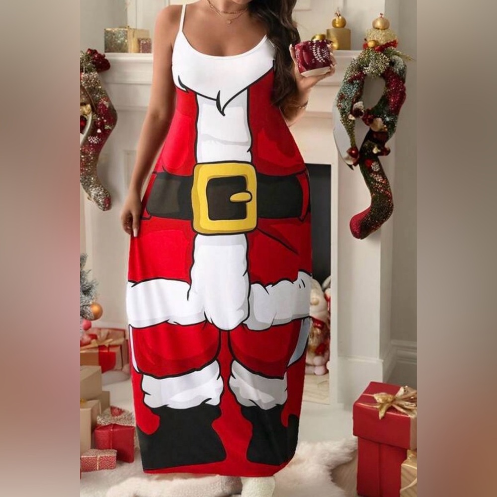 Red Santa Print Slip Dress - Festive Holiday Dress